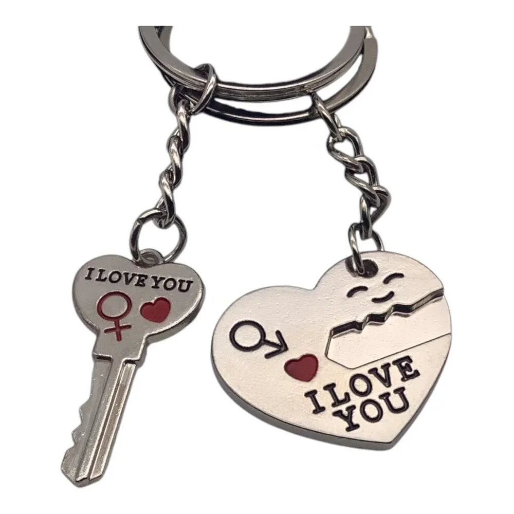 2pc Lovers Keychain Set Heart Lock & Key Design I Love‎ You Engraving Key Rings